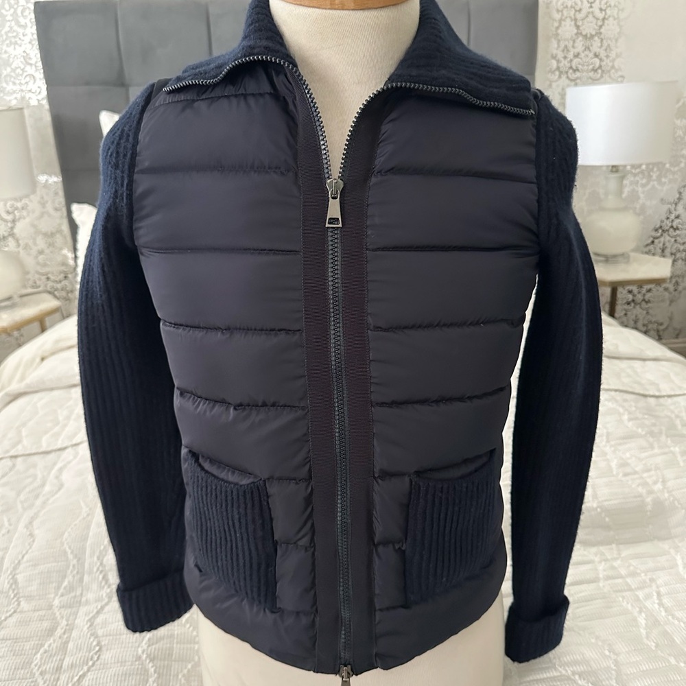 Moncler Navy Puffer Jacket with Knit Sleeves